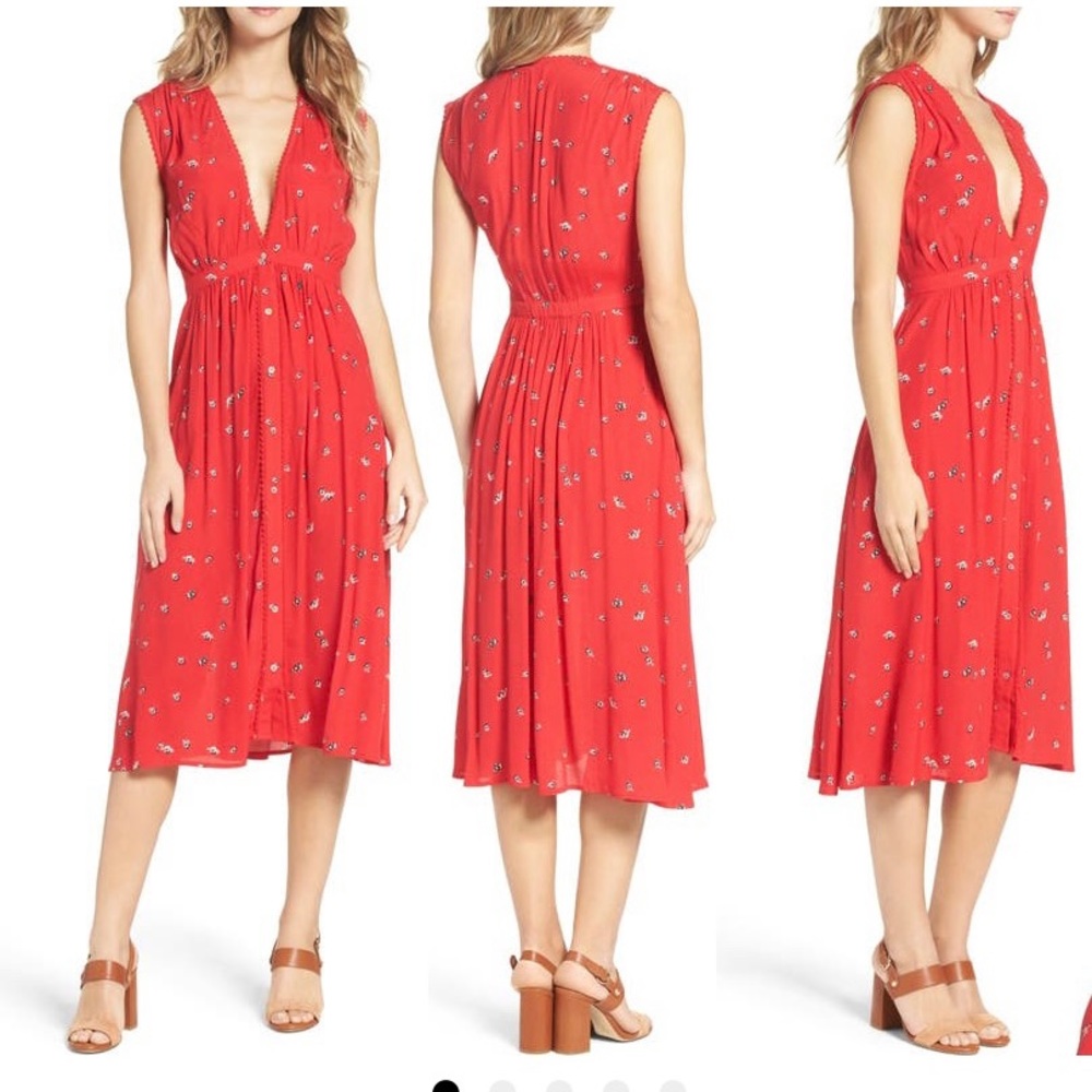 Knot Sisters Red W/Rosebud print Deep V Dress.